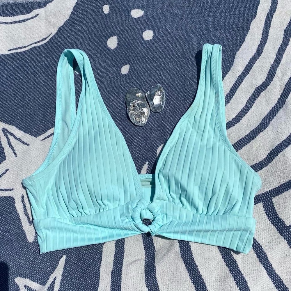 Aerie Sky Blue Whimsy Wide Rib Longline Plunge Ring Bikini Top Sz L Beach Summer